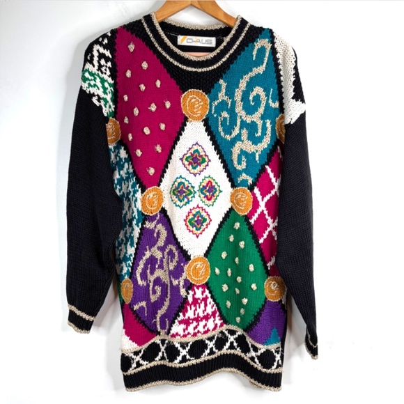 VTG 90s Chaus Ugly Christmas Sweater M 3D Metallic Bobble Patchwork Granny 80s - Picture 1 of 11
